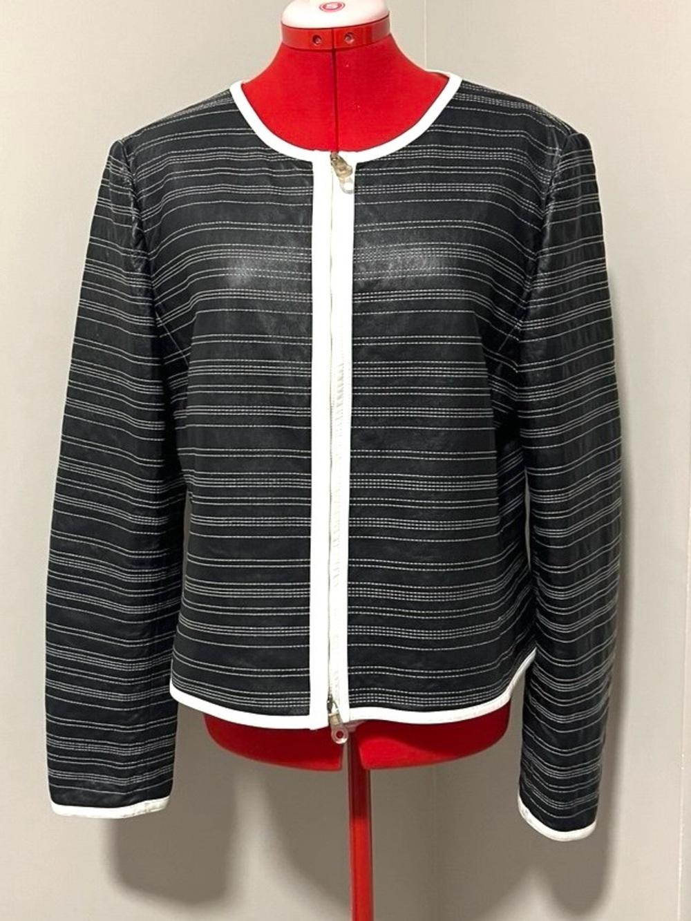 Giorgio Armani Black Striped Zip-Front Jacket with White Trim size M/L